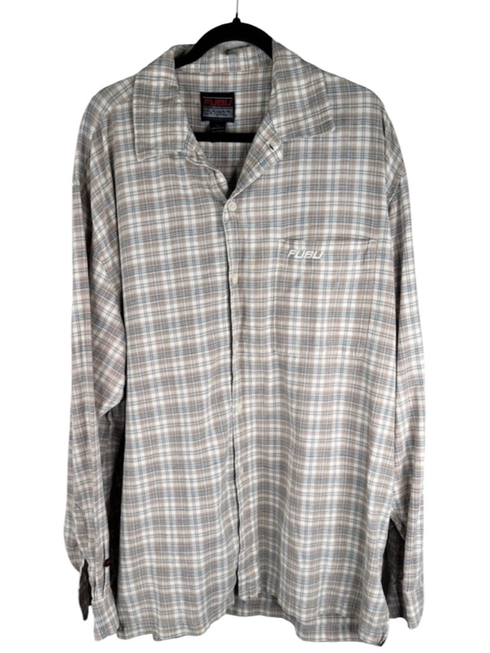 FUBU Tan White Blue Plaid Classic Casual Button Down Long Sleeve Shirt Size 3X